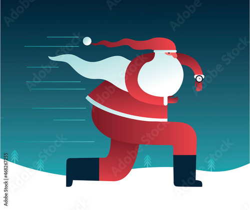 Santa Claus running and checking time on his watches.