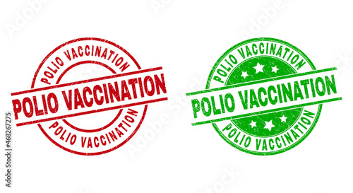 Round POLIO VACCINATION watermarks. Flat vector distress stamp watermarks with POLIO VACCINATION title inside circle and lines, in red and green colors. Watermarks with unclean texture.