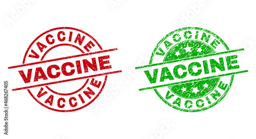 Round VACCINE stamp badges. Flat vector scratched stamp watermarks with VACCINE text inside circle and lines, using red and green colors. Watermarks with corroded surface.