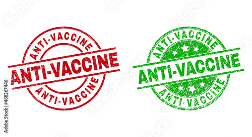 Round ANTI-VACCINE badge stamps. Flat vector scratched stamp watermarks with ANTI-VACCINE title inside circle and lines, in red and green colors. Stamp imprints with scratched texture.