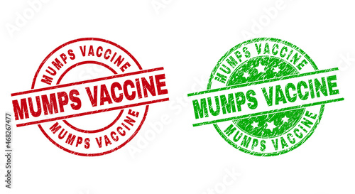 Round MUMPS VACCINE stamps. Flat vector scratched stamps with MUMPS VACCINE phrase inside circle and lines, in red and green colors. Stamp imprints with scratched texture.