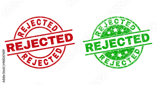 Round REJECTED seal stamps. Flat vector distress stamps with REJECTED text inside circle and lines, using red and green colors. Stamp imprints with distress surface.