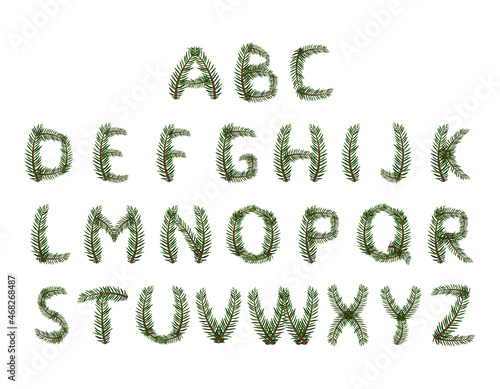 Alphabet from green Christmas tree branches. Festive font  symbol of happy New Year and Christmas  sign and letters of different shapes
