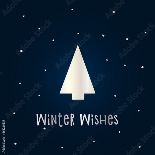 Silver silhouette of a Christmas tree with snow on a dark blue background. Merry Christmas and Happy New Year 2022. Vector illustration. Winter Wishes.