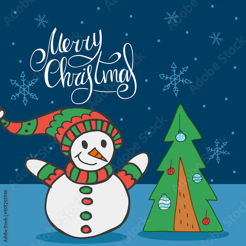 A snowman in a red and green hat and scarf on the background of falling snowflakes and Christmas tree with toys. Handwritten lettering - Merry Christmas. Happy New Year 2022. Hand-drawn doodle.