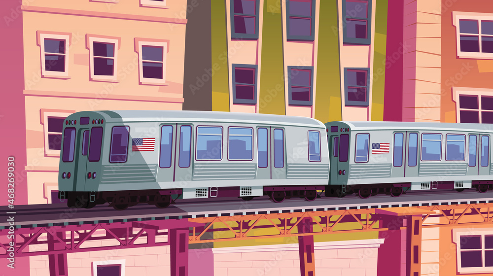 Obraz premium Metro train on Chicago street vintage cityscape vector illustration