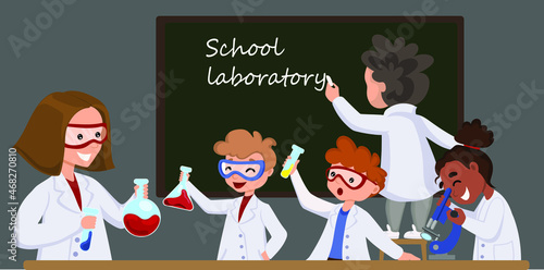 Science kids. Childrens in chemistry lab boys and little girls funny people. laboratory work in school. Science and education for children vector concept. Explosion in school laboratory. Humor clipart