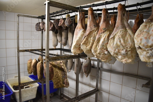 Meat products and farmer dried prosciutto in slaughterhouse 
