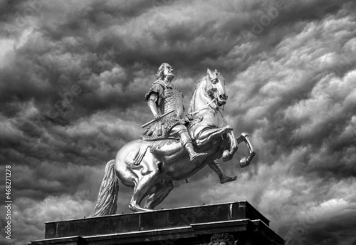 Dramatically monochrome picture of the Golden Equestrian Statuette ("Goldener Reiter") in Dresden, Germany. It shows King Augustus the Strong, Elector of Saxony and Poland.