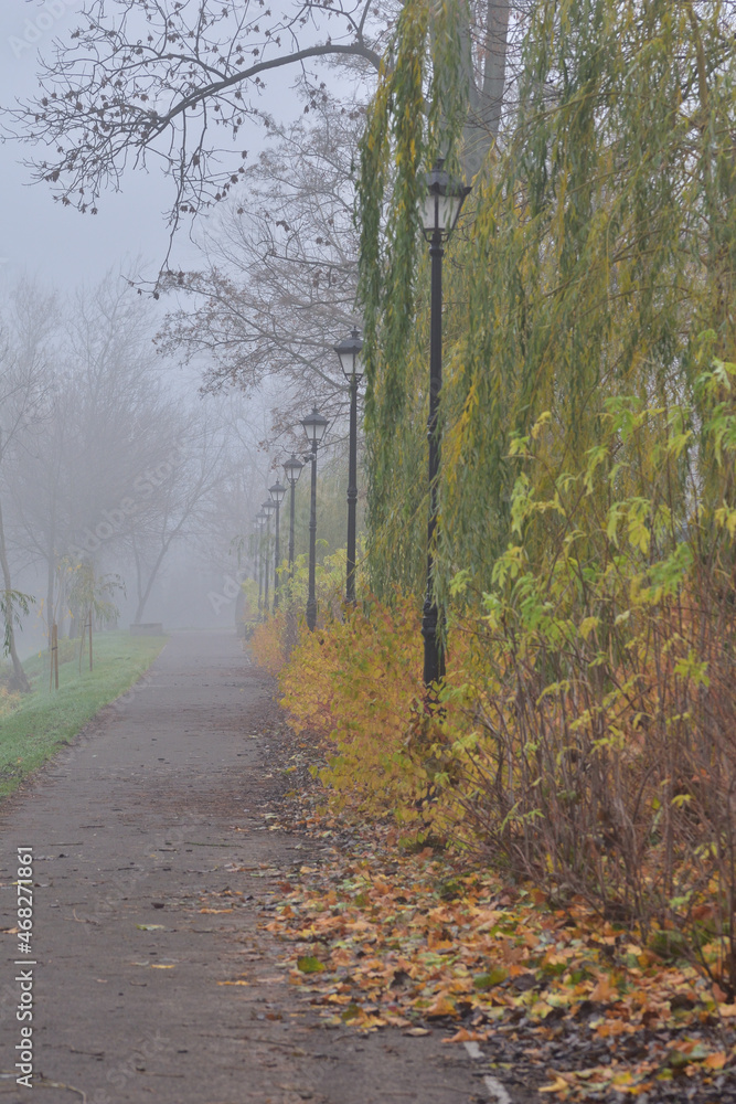 Street lamps on the pedestrian paths in an autumn park among the colorful leaves on a foggy day. Fog. Street lamps on the pedestrian paths in an autumn park among the colorful leaves on a foggy day. Fog.