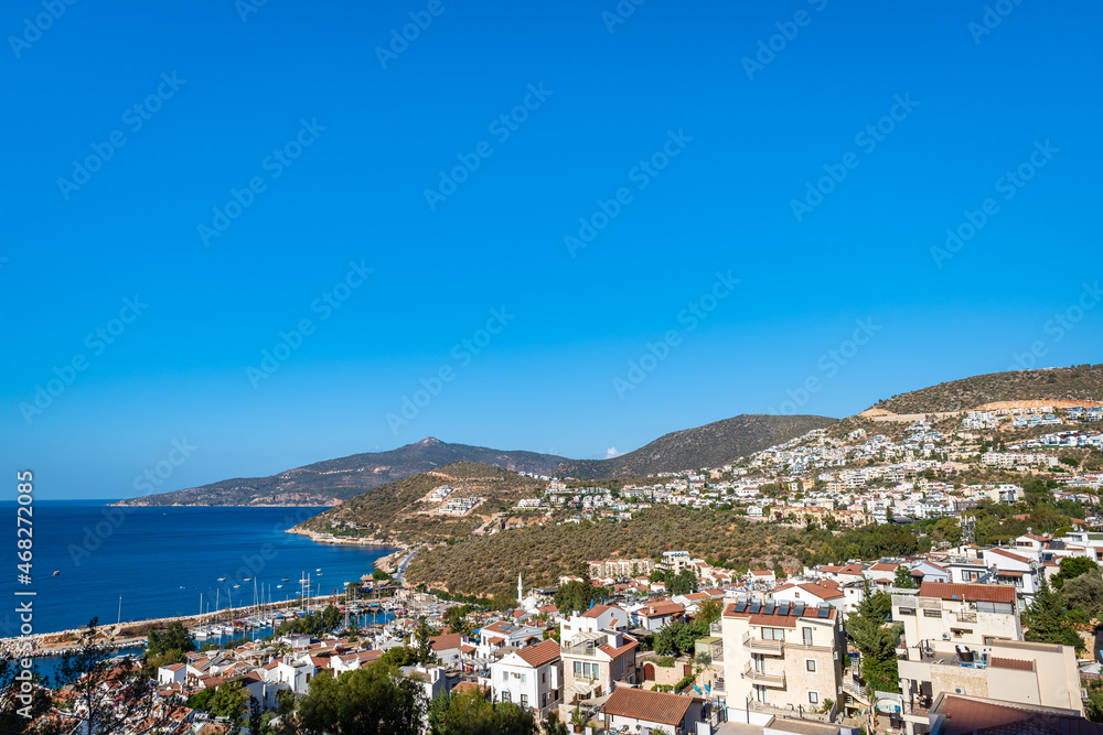 Kalkan, Turkey, landscape, the view of sea and city of Kalkan, a popular resort town in Turkey during summer time.