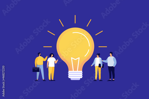 Bright light bulb with rays shines for people. Symbol of new constructive ideas and inventions. Creative thinking sign. Flat vector illustration on isolated blue background.