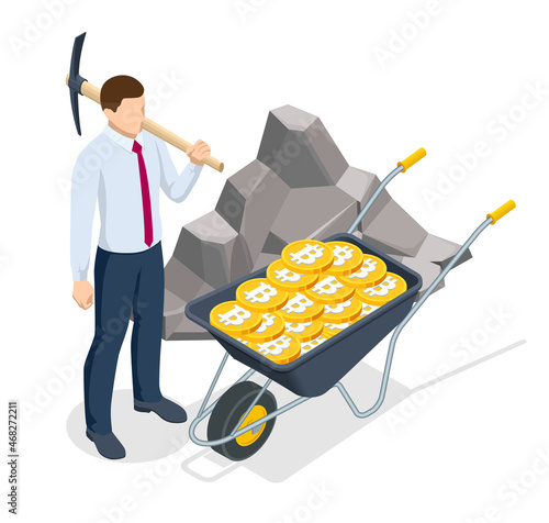 Isometric miner is digging on golden bitcoin. Devices and technology for mining cryptocurrency. Machines for mining cryptocurrency.