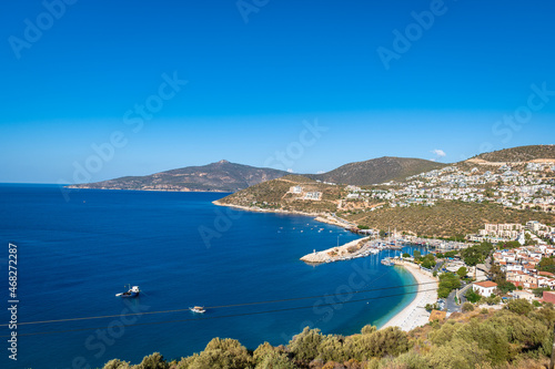 Kalkan, Turkey, landscape, the view of sea and city of Kalkan, a popular resort town in Turkey during summer time.
