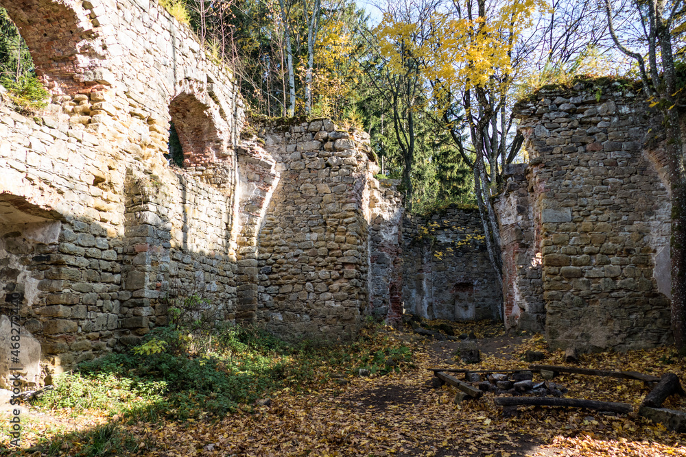 ruin of a baroque church in the woods in czech republic
