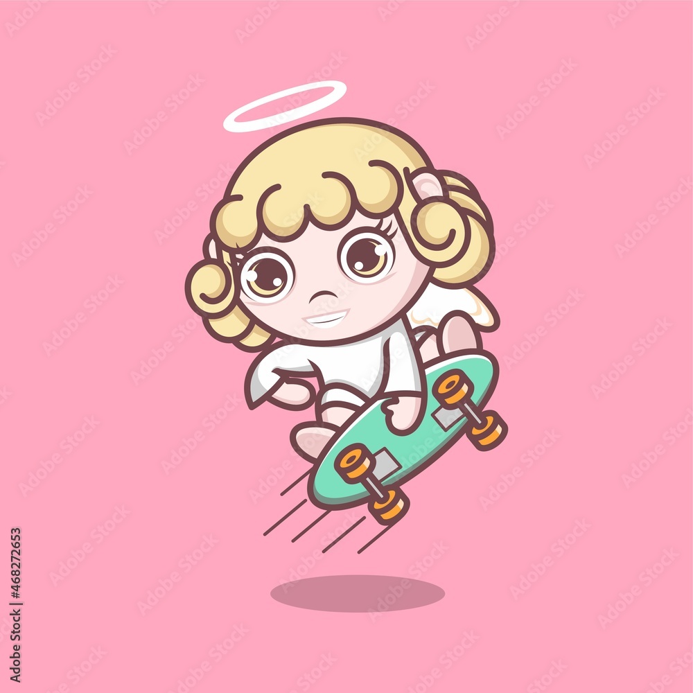 cute cartoon angel playing skateboard. vector illustration for mascot logo or sticker cute cartoon angel playing skateboard. vector illustration for mascot logo or sticker