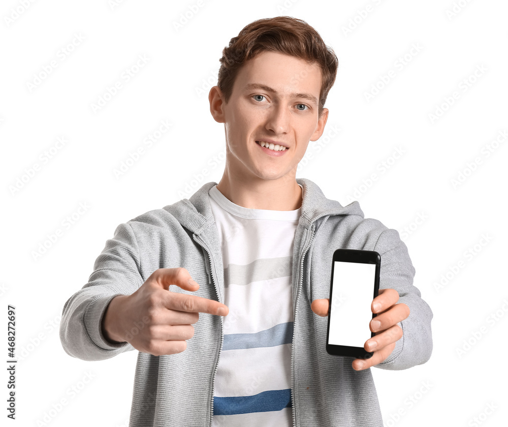 Young man with modern mobile phone on white background Young man with modern mobile phone on white background