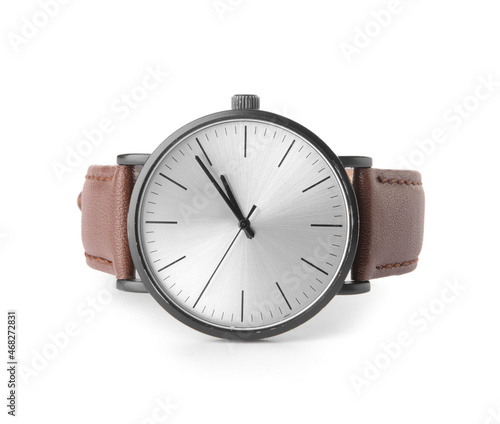 Stylish male wrist watch on white background