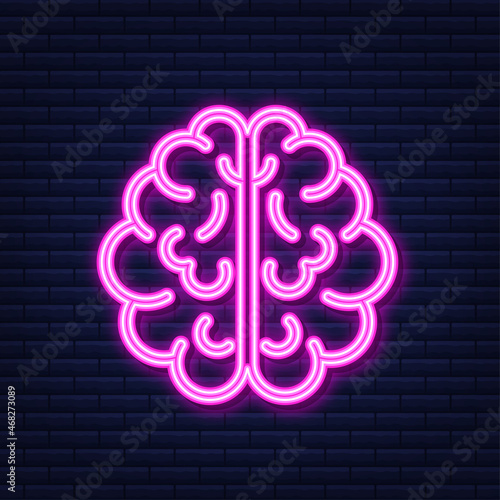 Human brain neon icon. Thinking process, brainstorming, good idea, brain activity. Vector stock illustration.
