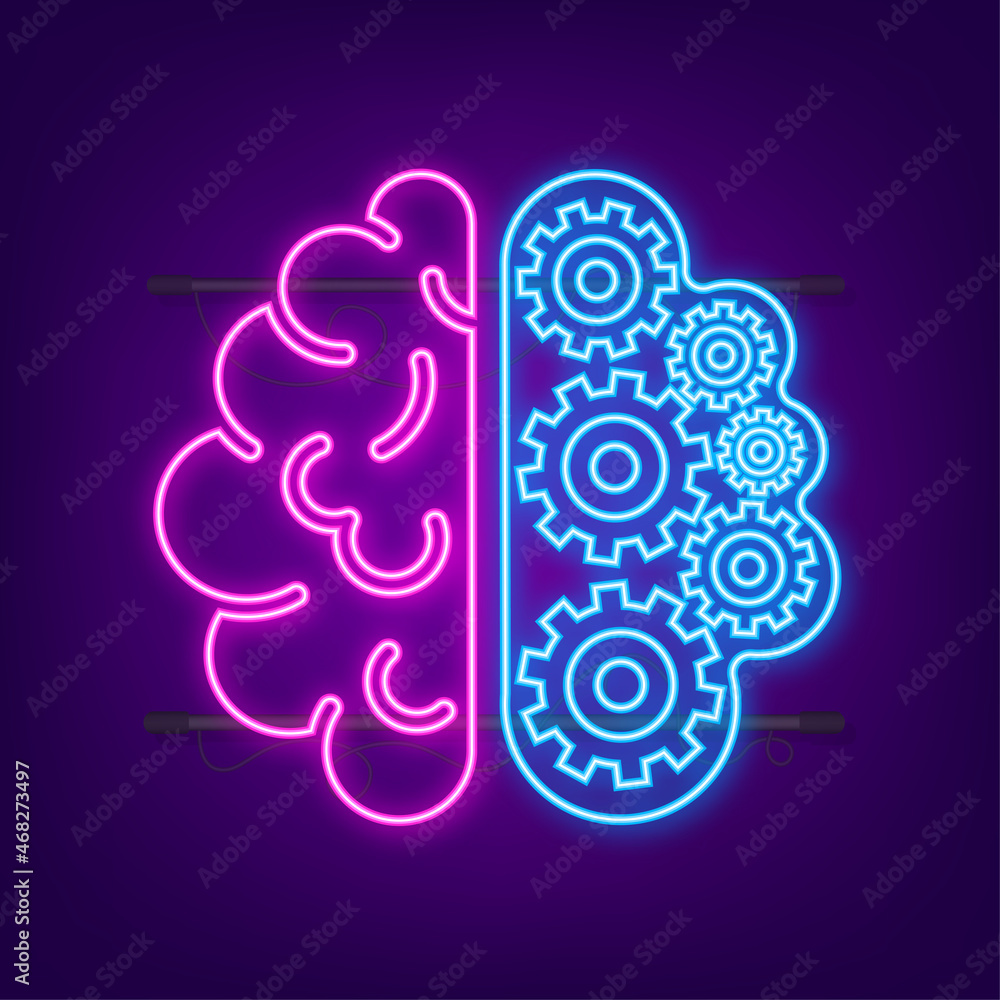 Brain. Digital brain in hand. Neural network. IQ testing. Brainstorm think idea neon sign. Vector stock illustration. Brain. Digital brain in hand. Neural network. IQ testing. Brainstorm think idea neon sign. Vector stock illustration.