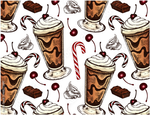 Sketch hand drawn pattern of milk chocolate cocktail with whipped cream, candy cane, maraschino cherry isolated on transparent background. Drawing Christmas drink wallpaper. Vector illustration.