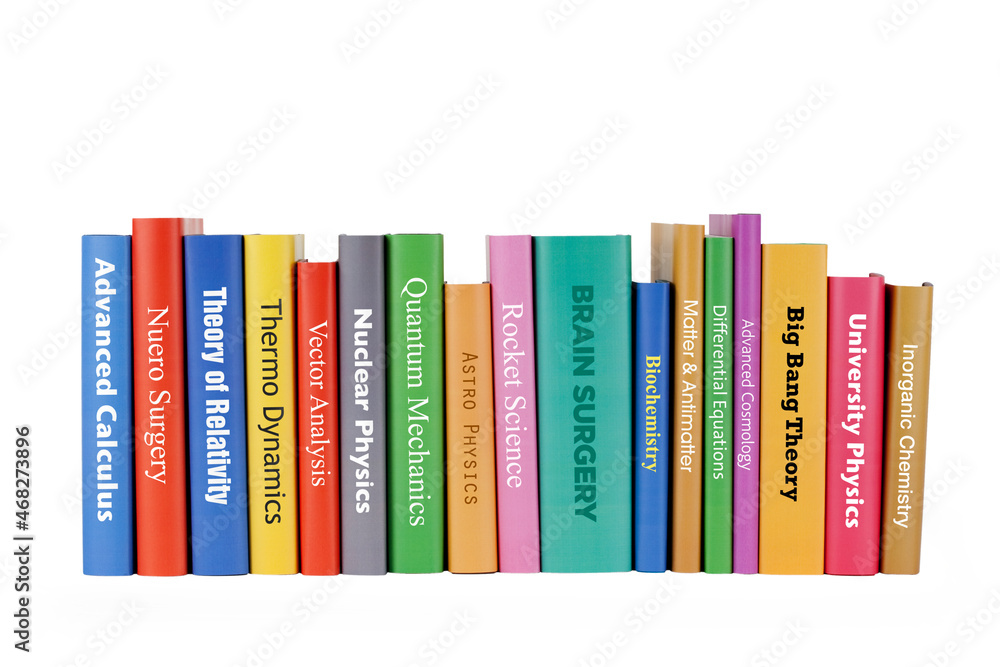 Naklejka premium A row of books with various genius subjects. (note: all titles are fabricated for this image)