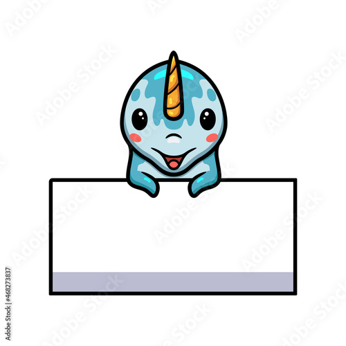 Cute little narwhal cartoon with blank sign