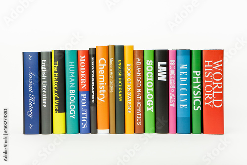 A row of books with various subjects.
(note: all titles are fabricated for this image)