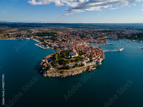 Aerial view of Rovinj old town facing the Adriatic Sea in Istria, Croatia.