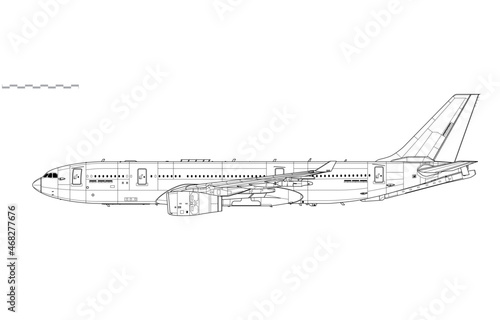 Airbus A330MRTT Phenix. Vector drawing of aerial refueling tanker and transport aircraft. Side view. Image for illustration and infographics.