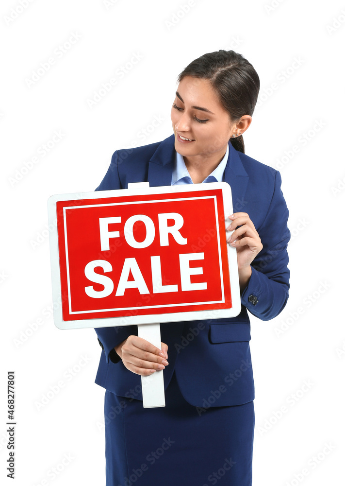 Female real estate agent with sale board on white background Female real estate agent with sale board on white background