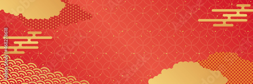 雲と霞の赤色和柄背景