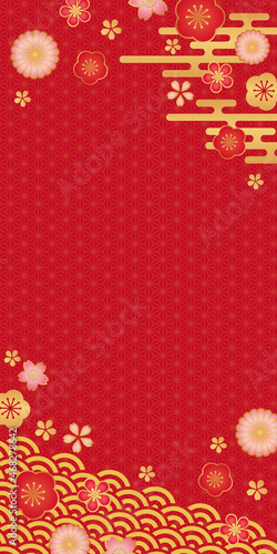 和柄花模様と麻の葉文様の赤色背景