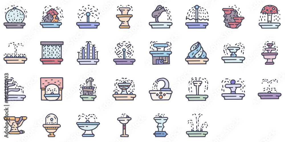 Water fountains color vector doodle simple icon set