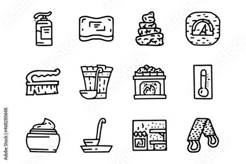 Sauna accessories line vector doodle simple icon set