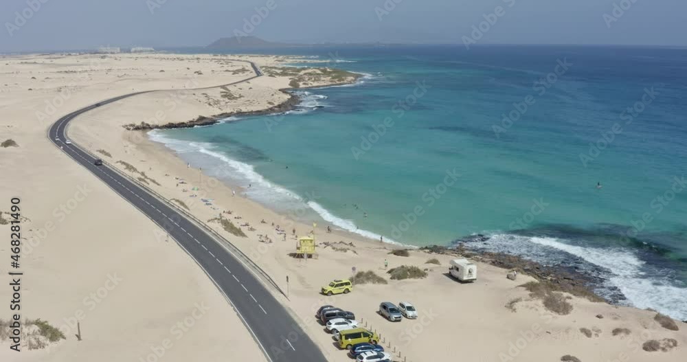 Aerial view of Corralejo beach and dunes with turquoise water in Fuerteventura, Spain. Aerial view of Corralejo beach and dunes with turquoise water in Fuerteventura, Spain.