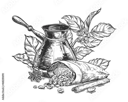 Hand drawn sketch black and white of coffee grain, mill, leaf, branch. Vector illustration. Elements in graphic style label, card, sticker, menu, package. Engraved style illustration.