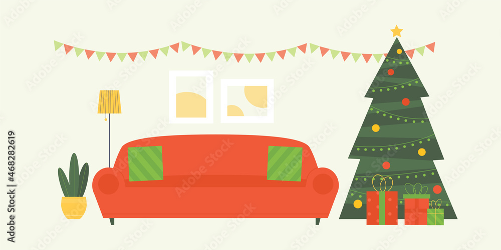 Cozy living room decorated for winter holidays. Christmas theme flat vector illustration.