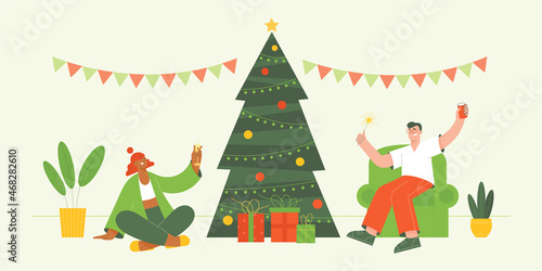 Happy young people celebrating Christmas at home. Winter holidays theme flat colorful vector illustration.
