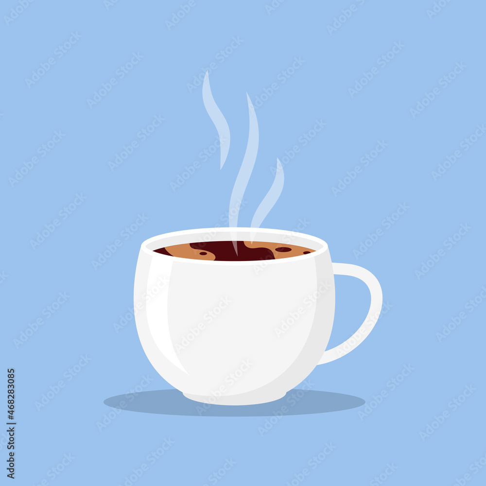 White cup of fresh coffee in cartoon style. Ceramic mug with hot drink latte, espresso with aroma steam. Mockup filled coffee with space for labels. Great for poster, card. Closeup Vector illustration White cup of fresh coffee in cartoon style. Ceramic mug with hot drink latte, espresso with aroma steam. Mockup filled coffee with space for labels. Great for poster, card. Closeup Vector illustration