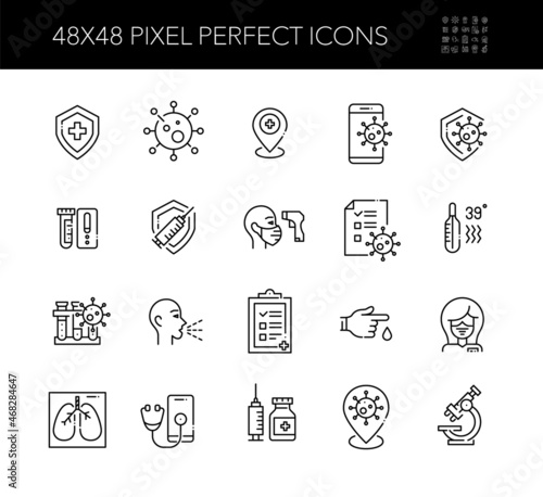Coronavirus protection, testing, rapid antigene, vaccine and symptoms icons. Pixel perfect, editable stroke