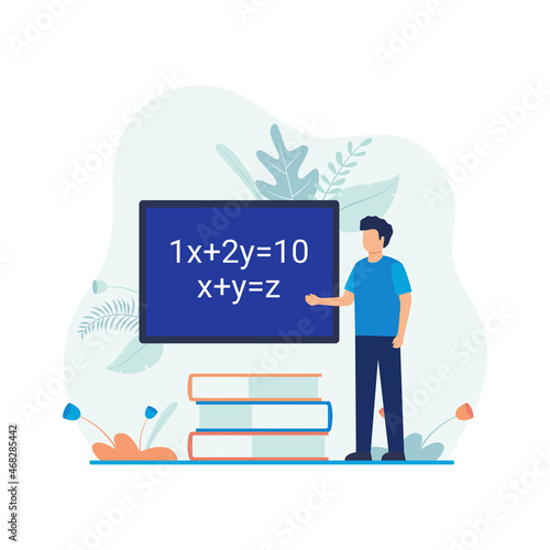 Education vector illustration. Man standing next to blackboard and pile of books. Flat design suitable for many purposes.