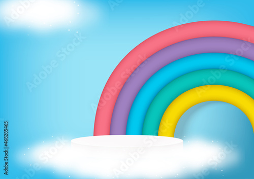 3d background. Stage podium decor with rainbows, clouds.Circle pedestal base for product display on light blue abstract scene backdrop.Vector illustration. © Happy-Lucky