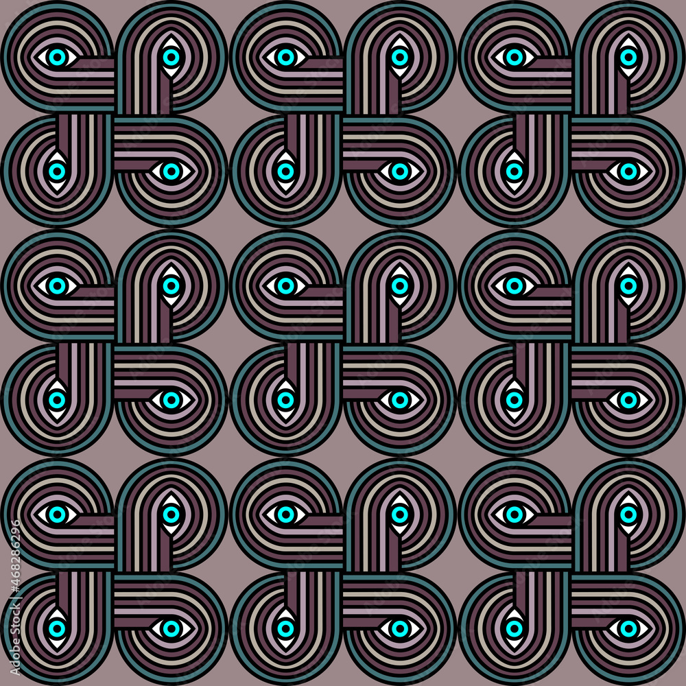 Fototapeta premium Seamless abstract pattern with bright blue eyes. Vector mystical black ornament on a soft pink background in trendy colors. Modern graphic pattern.