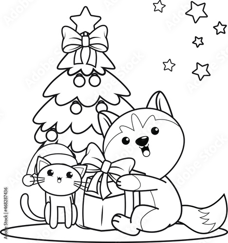 Christmas colouring book with cute husky