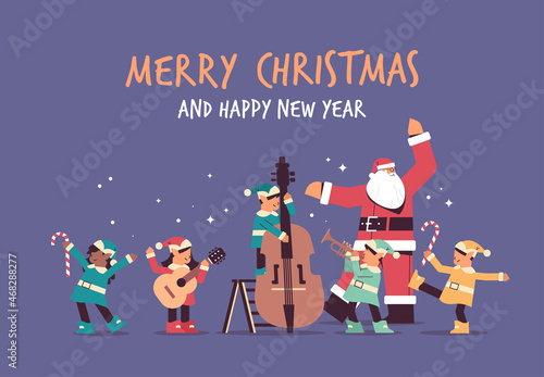santa claus standing with mix race elves in uniform happy new year merry christmas holidays celebration concept