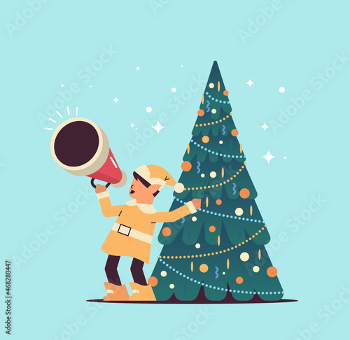 elf shouting in megaphone santa helper making announcement new year and christmas holidays celebration