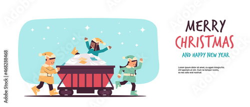 elves preparing for new year and christmas holidays celebration mix race santa helpers pushing minecart