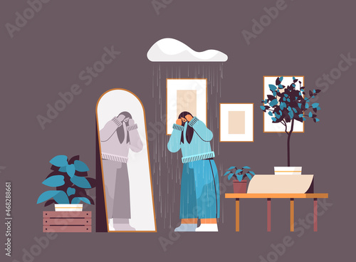 unhappy depressed woman under rain cloud looking at mirror girl feeling desperate mental health diseases depression
