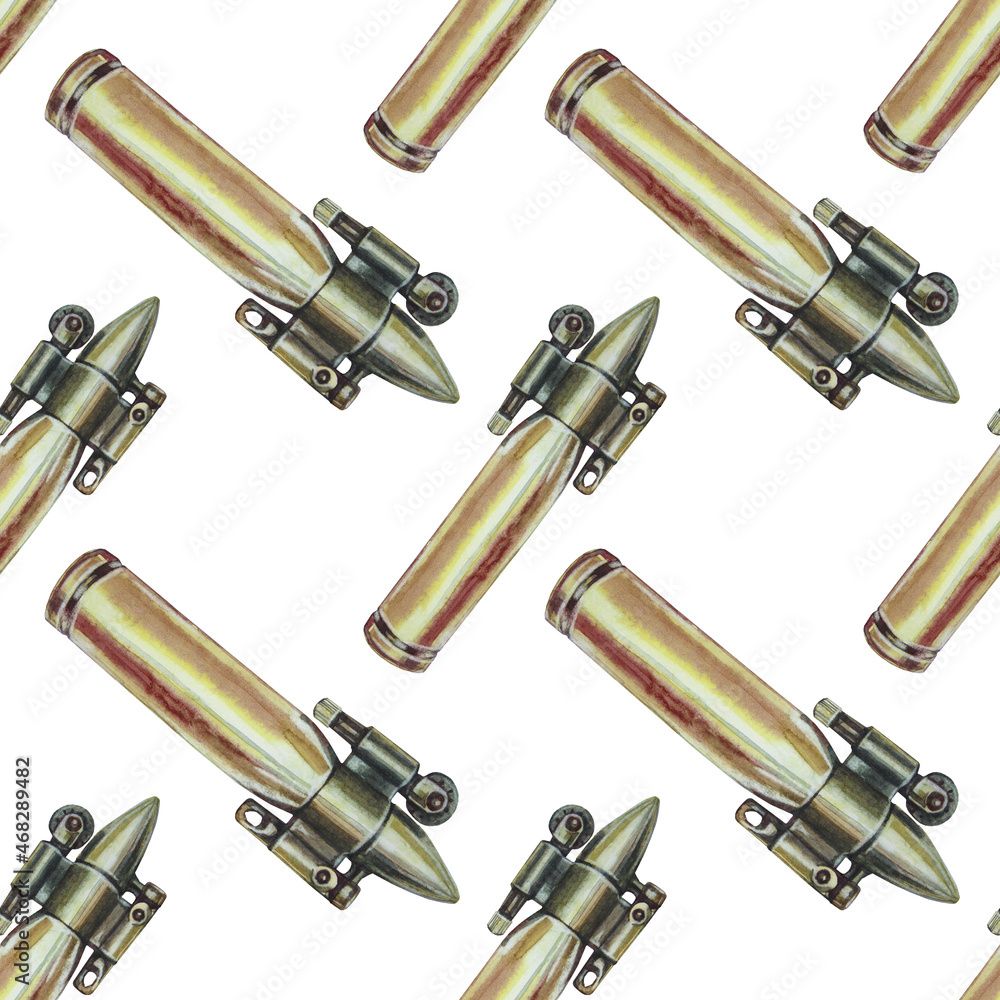Seamless pattern watercolor hand-drawn bronze bullet lighter for stalker isolated on white background. Creative art for war, survival, travel, military, army, camping, man sketchbook, weapon Seamless pattern watercolor hand-drawn bronze bullet lighter for stalker isolated on white background. Creative art for war, survival, travel, military, army, camping, man sketchbook, weapon